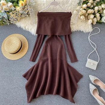 

FMFSSOM Off Shoulder Sexy Mermaid Women Dress 2020 Spring Solid Bodycon Party Dress Knitted Stretch Ropa Mujer Vestidos