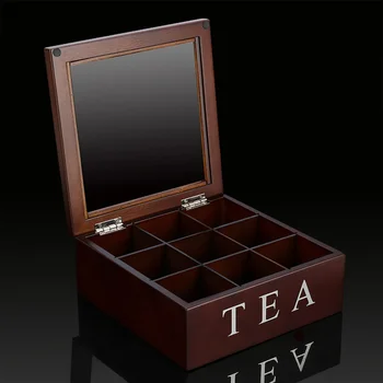 

Coffee Storage Box Organizer Wooden Tea Box with 9-Compartment and Glass Window Tea Coffee Display Case Tea Bag Chest With Lette