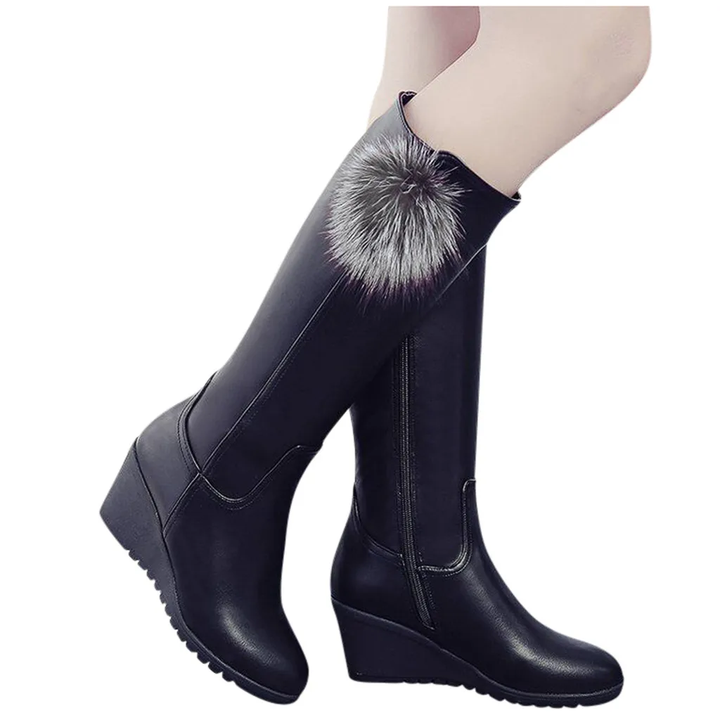 Зимние сапоги г. Женские сапоги до середины икры на танкетке женская обувь черная модная обувь для мамы кожаные сапоги женская обувь с круглым носком#3