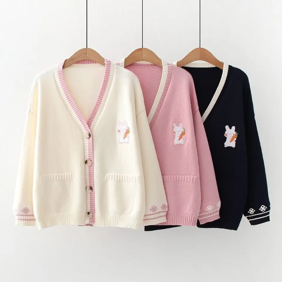 Cartoon Rabbit Pattern Women Autumn Winter Solid Color V Neck Cardigan Sweater Coat Female Long Sleeve Outwear Loose Knitted Top |