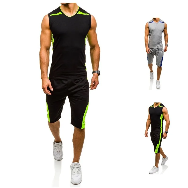 

Zogaa 2019 Brand Fitness Suits Summer 2PC Top Short Set Mens Stand Collar Tracksuit Sleeve-less T Shirt Shorts Casual Fashion