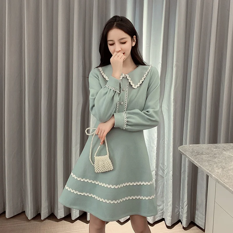 

Kawaii Sweet Ladies Dresses Long Sleeve Peter Pan Collar Woolen Winter Dress Elegant Warm S-XL Buttons A Line Mini Dress Women