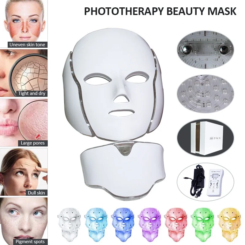 Máscara Facial Led de 7 colores, mascarilla de terapia de fotones coreana, máquina antiarrugas y acné, reafirmante de cuello
