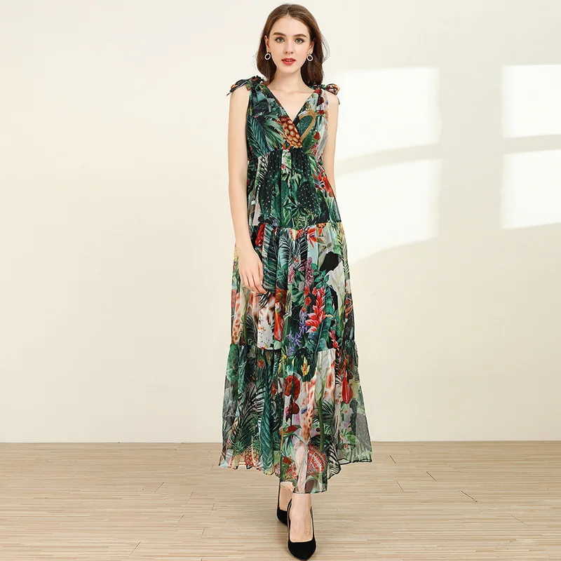 

HUAYIMENGYI Bohemia Bandage Sleeveless Green Plant Print Long Dress V Neck A Line Splicing Elegant Women Party Slip Dress Beach