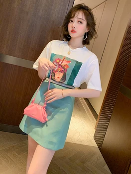 

Trendy Ink Retro Printing round Neckline T-shirt + High Waist A- line Overskirt Suit Women's Fashion Summer New Style