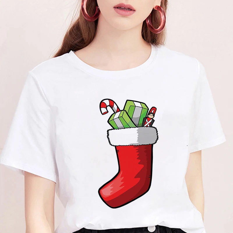 Модная Рождественская женская футболка kawaii Harajuku, удобная футболка с круглым вырезом, белая футболка с рождественским принтом, повседневный Топ