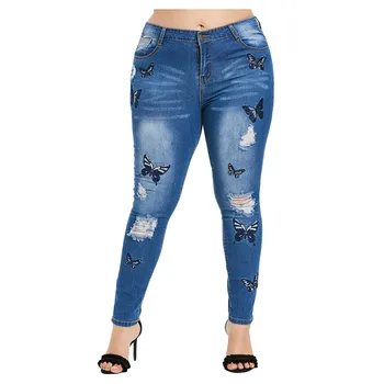 

Women Plus Size Jeans New Sexy Solid Waist Hole Embroidery Printed Pockets Trousers Autumn Winter Fashion Casual Pants#D