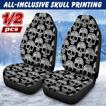 

1/2pcs Front Automobile Auto Car Seat Cover Protector Fabric Protector 3D Fashion Skull Print Pattern For Most Car Sedan SUV