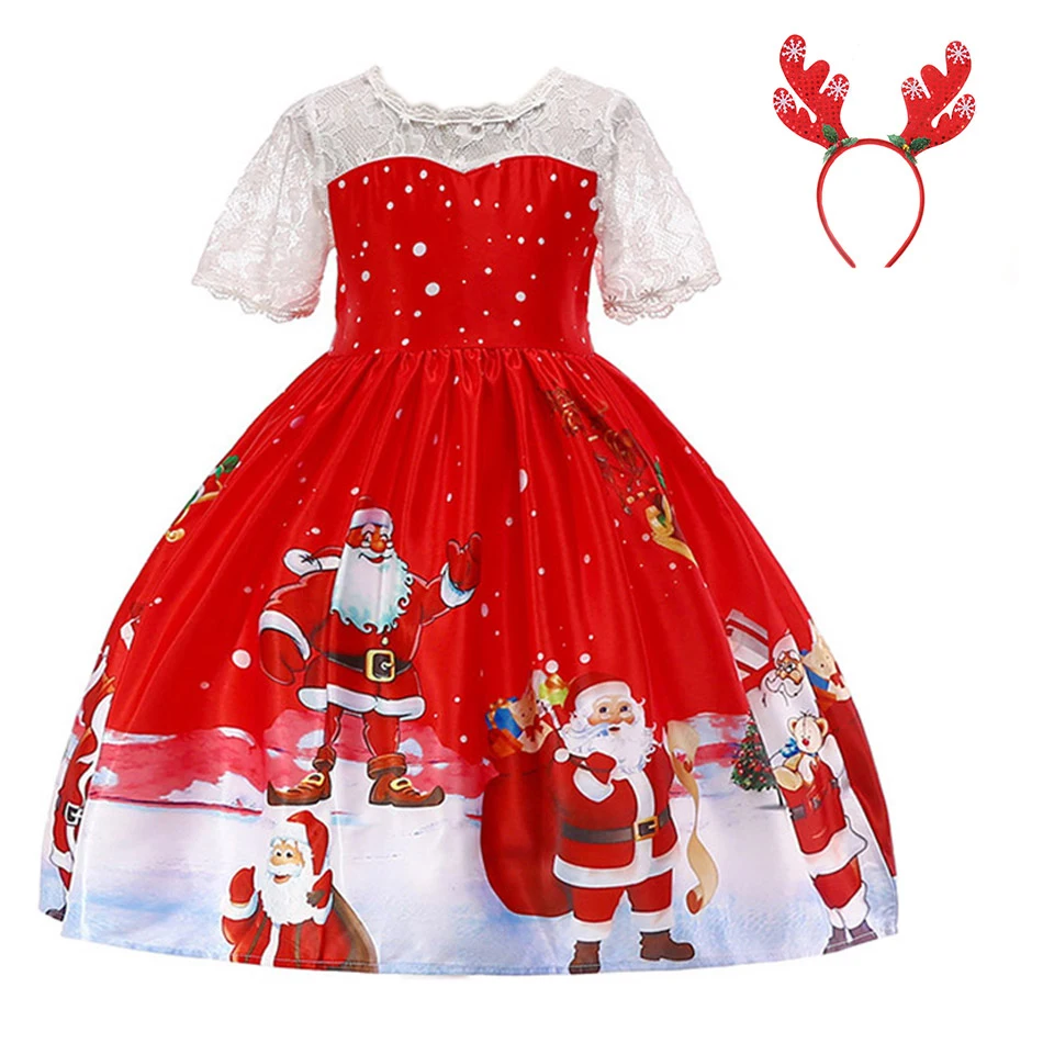 Dress 3 Великолепное красное рождественское праздничное платье с повязкой на голову для девочек, рождественское бальное платье, детская одежда с принтом Санта Клауса платья с открытыми плечами - Цвет: Dress 3