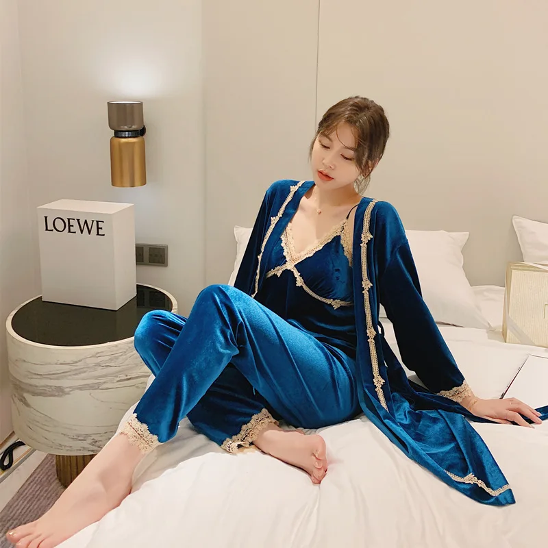 

Pajamas Female Autumn and Winter New Style Long Sleeve jin si rong Sling Nightgown Three-piece Set to Female Lace Edge Homewear