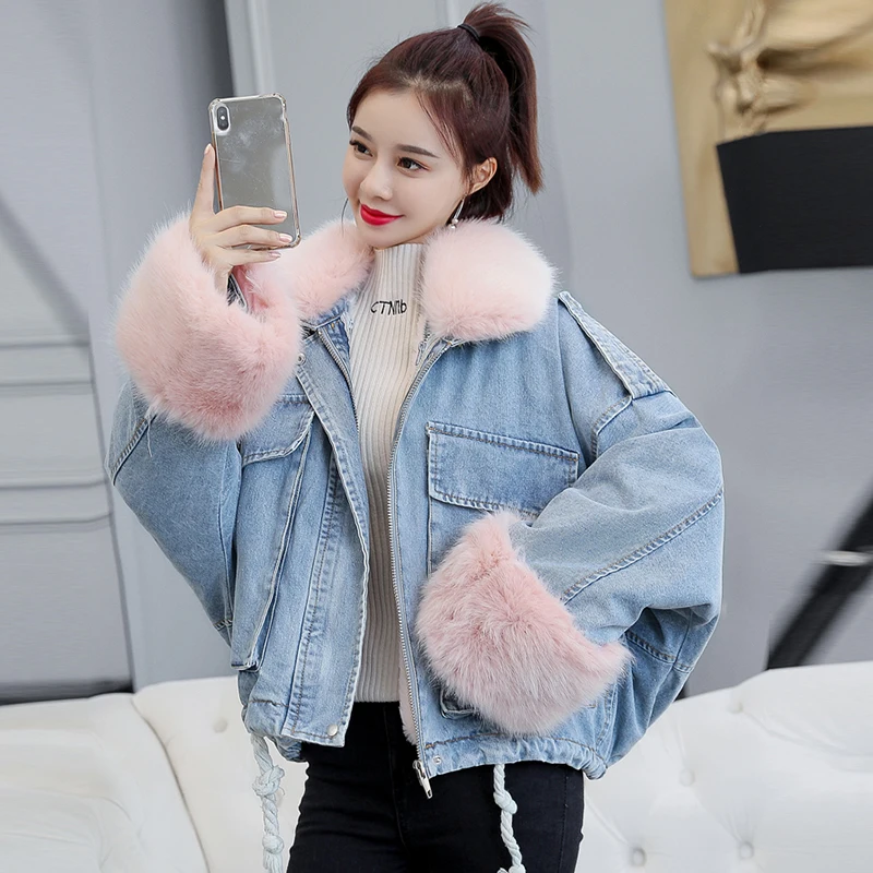 

Casual Fur Collar Cotton Liner Denim Jackets Women Solid Thicken Warm Cowboy Coats Streetwears Female Fashion Winter Outwears