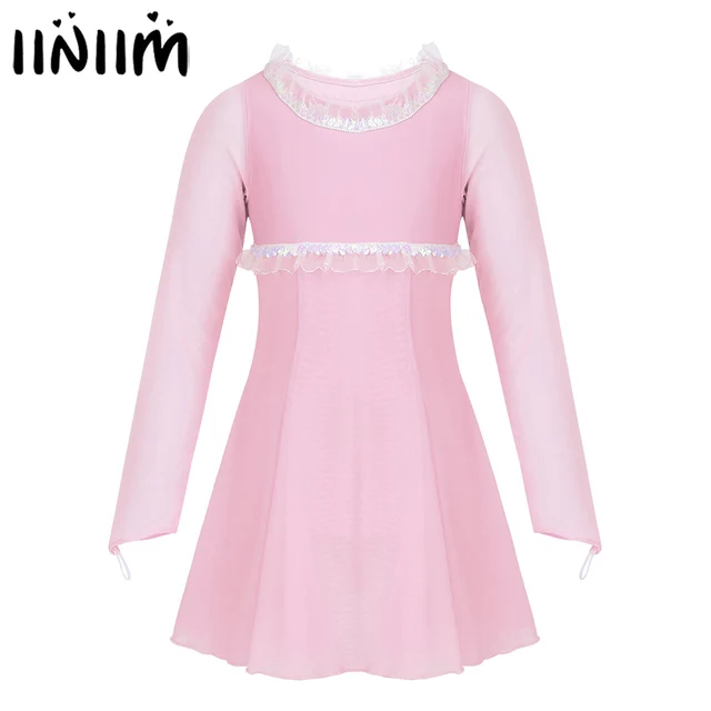 US $13.26 Kids Girls Sequins Figure Skating Dress Ruffles Trimming Gymnastics Leotard Roller Ice Skating Ball
