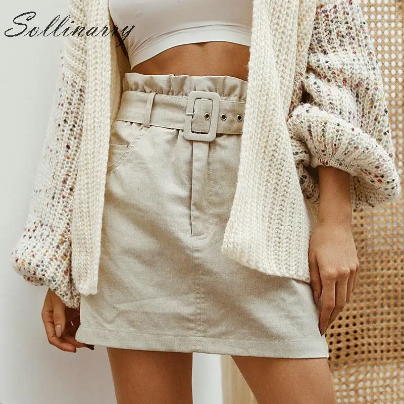 

Sollinarry High Waist Belt Elegant Skirts Women A Line Autumn Winter Slim Short Skirts Female Solid Beige Ruffles Fashion Skirts