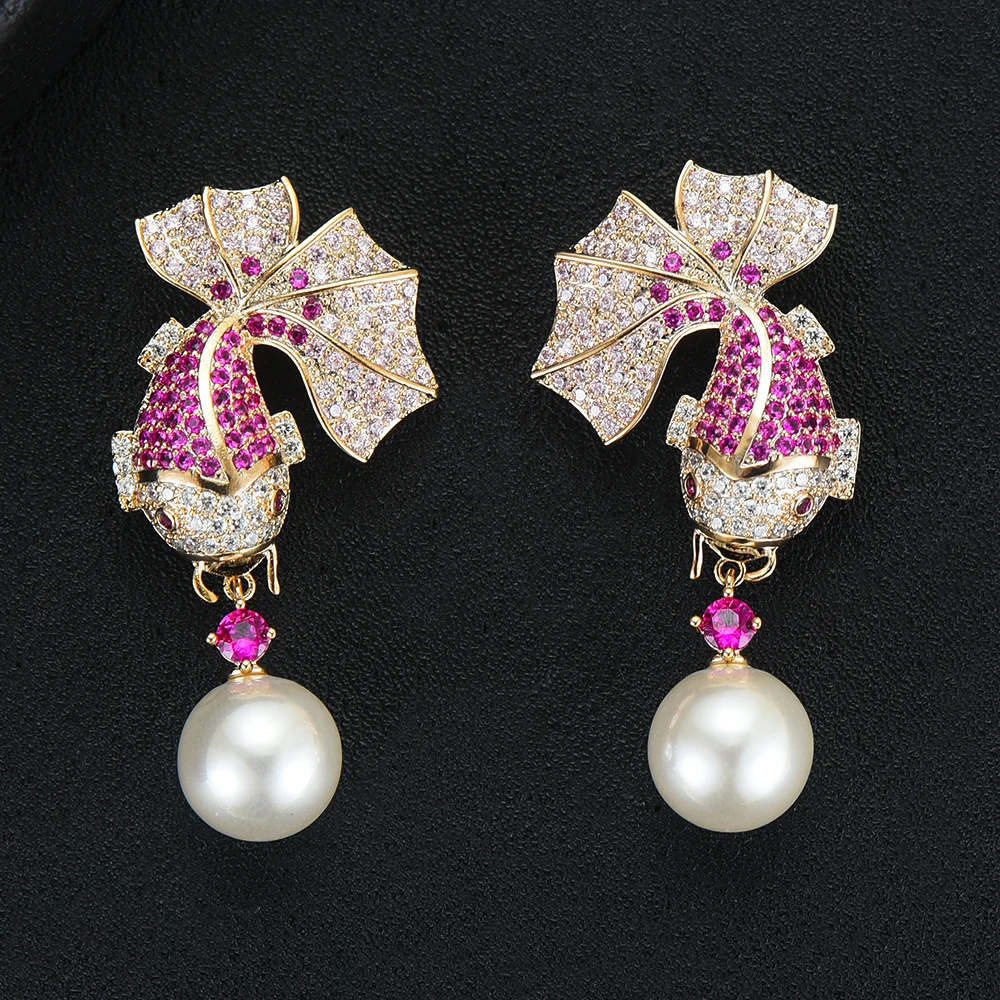Siscathy New Charm Women Golden Fish Shape Pearl Earrings Fashion Jewelry Trendy Cubic Zirconia Drop Wedding For | Украшения и