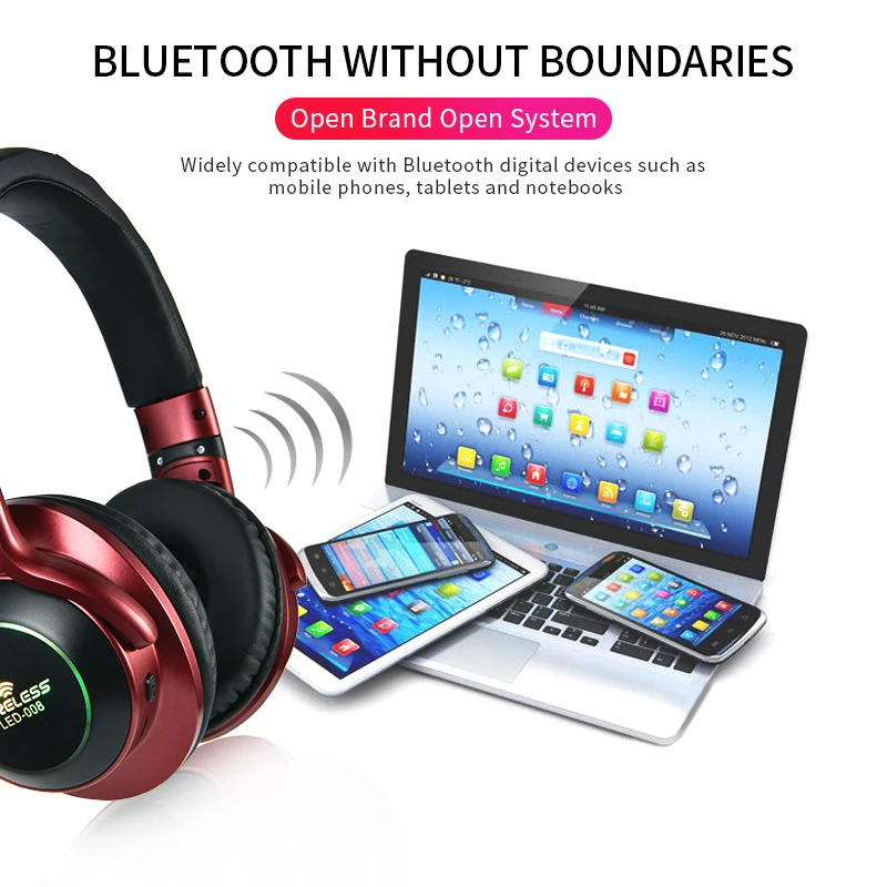 LED 008 Light Wireless Bluetooth Headphones 3D Stereo Earphone With Mic Over Ear Headset Support TF Card FM Mode AUX Audio Jack