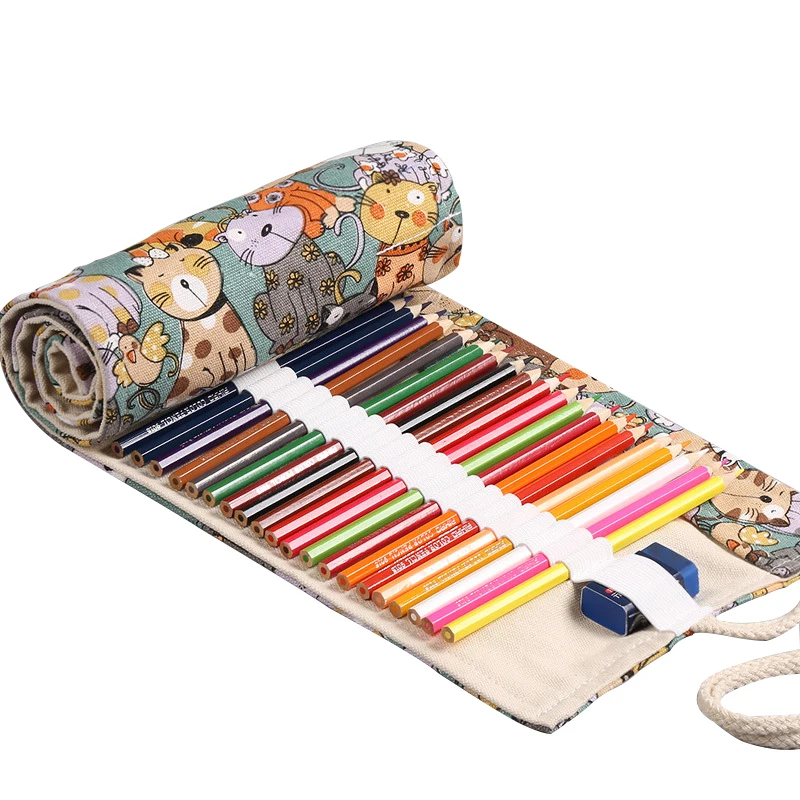 12/72 Slots Water Color Roll Up Pencil Bag Pen Case Pouch Multi-function Canvas Storage Bag for Student Writing Stationary