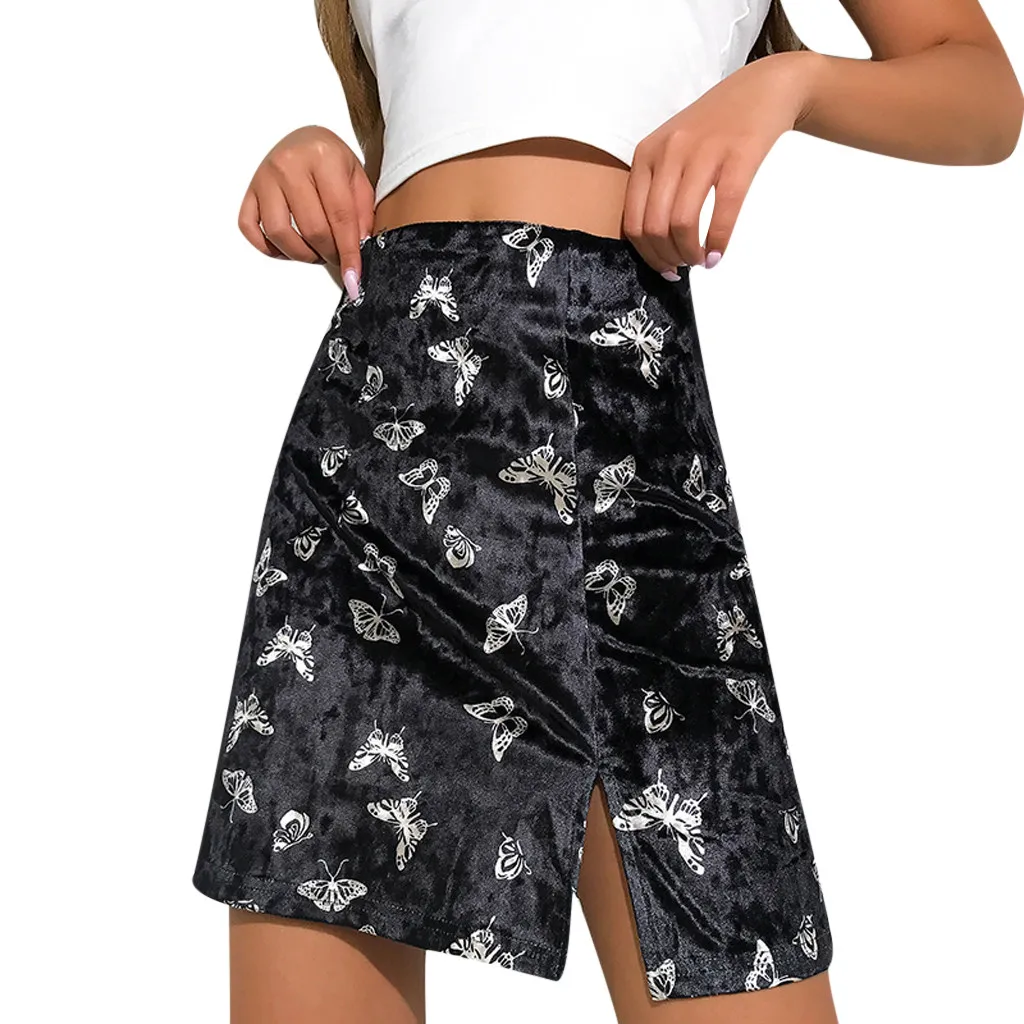 Женские вечерние, модные, сексуальные, с высокой талией, юбки, повседневные, с принтом бабочки, с разрезом, бархатные, короткие юбки, уличная, Faldas Mujer Moda