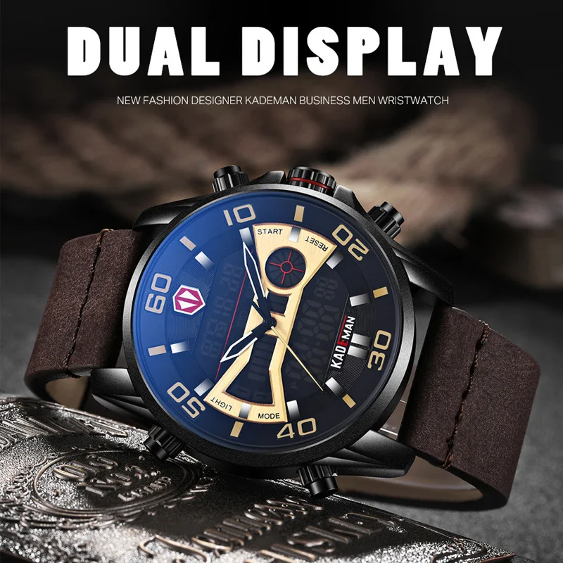 KADEMAN, мужские часы, военные спортивные кварцевые часы, водонепроницаемые, двойной дисплей, цифровые, натуральная кожа, наручные часы, Relogio Masculino