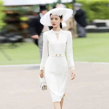

Autumn 2019 Dress Sexy Zhang Yuxi Celebrity Button Full Women O Neck Slit Fashion Night Club Body con Party Dresses Wholesale