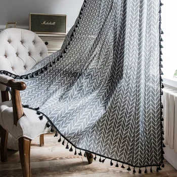 

Finished curtain grey geometric fringes Japanese small window kitchen curtain cotton hemp semi shading bay window single piece