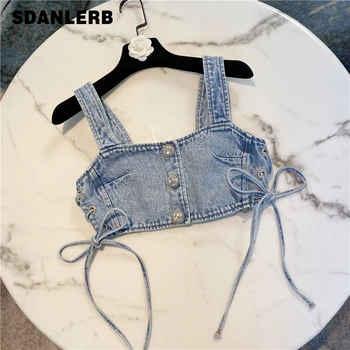 

Women Denim Tank Top 2020 Summer New European Fashion Small Shirt Strap Waist Rhinestone Buckle Short Denim Top Seaside Blusas