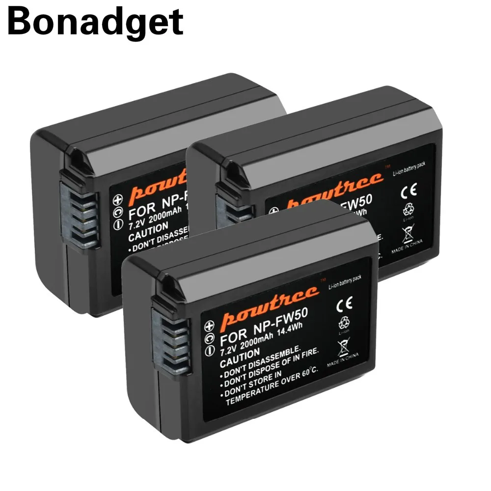 

Bonadget For Sony 3PCS 7.2V 2000mAh NP-FW50 NPFW50 NP FW50 Camera Battery For Alpha 6500 6300 6000 5000 3000 a7R a7S a7S II a7II