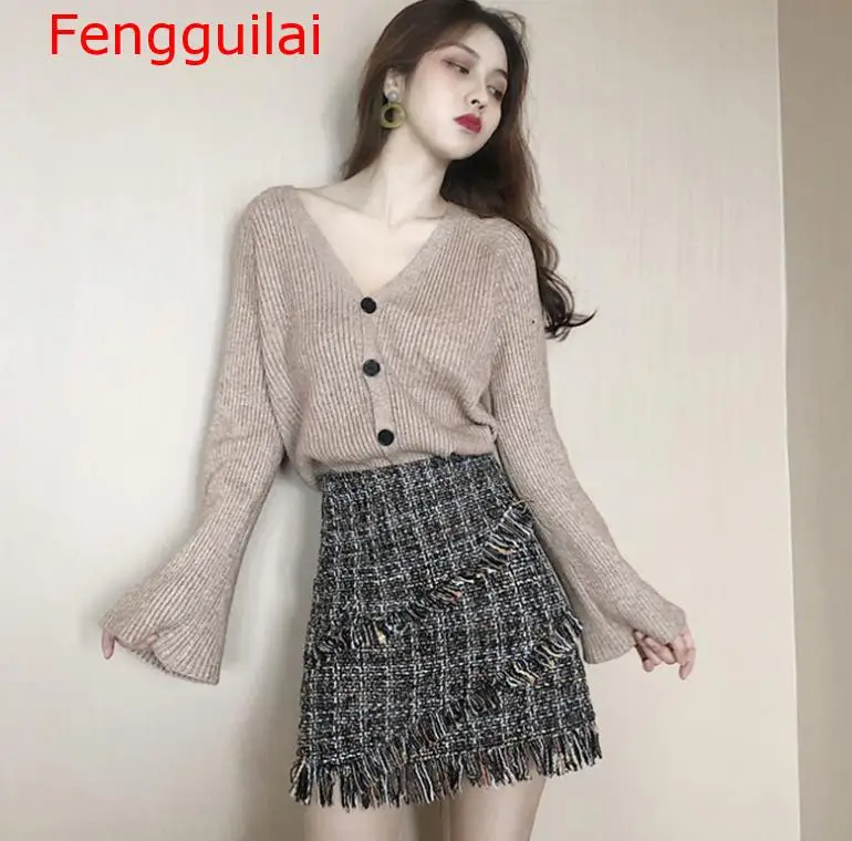 

2020 Autumn Winter Womans V-necked Cardigan Knitted Coat + High-waisted Tweed Skirt Two Piece Girl Ladies Skirts Set Outfits