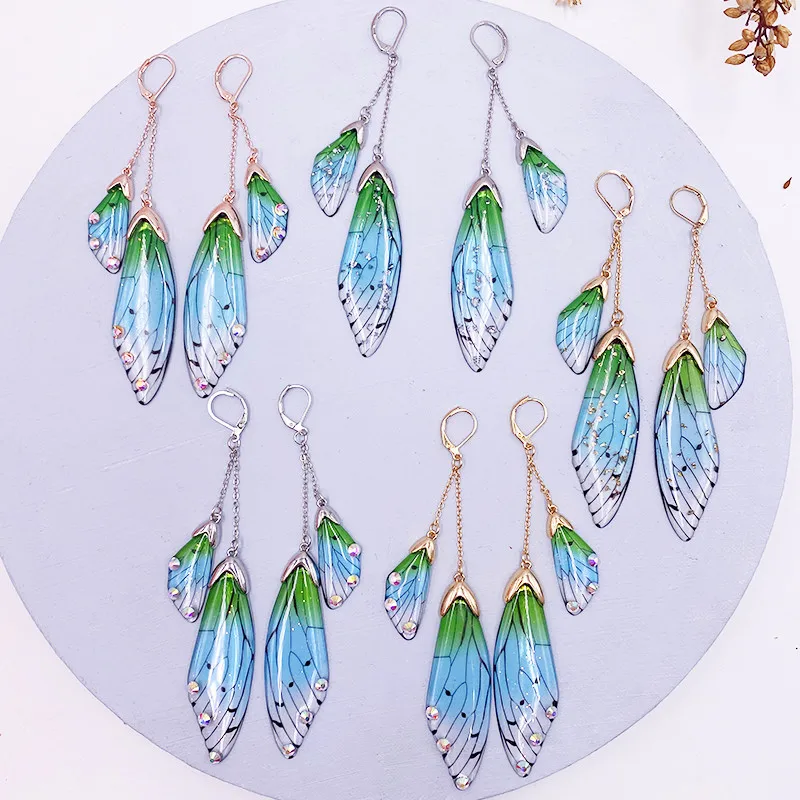 Fairy Resin Butterfly Earrings for Women Shining Crystal Flake Double Wing Long Drop Earrings Ladies Wedding Party Jewelry 2020