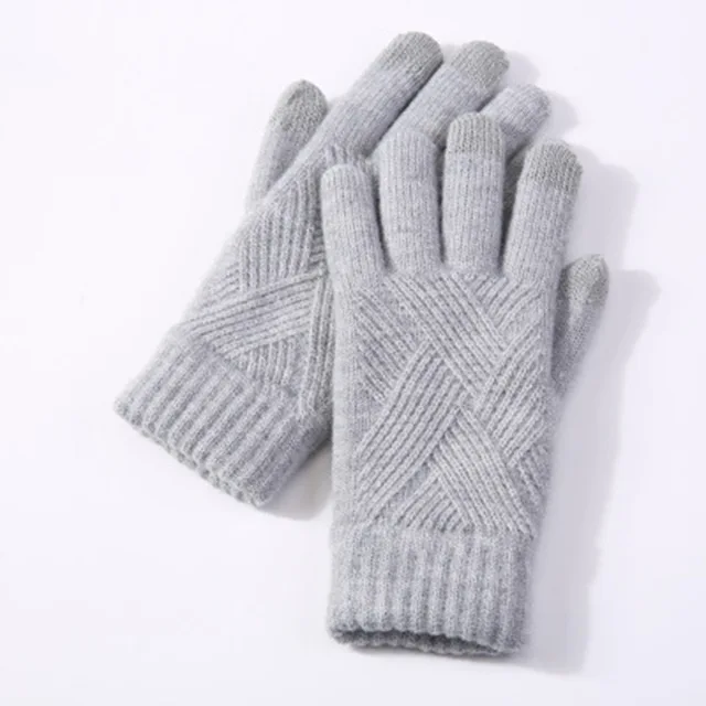 Men Women Winter Warm Knit Full Finger Mittens Female Solid Woolen Touch Screen Thick Velvet Warm Cycling Driving Gloves H46 
