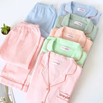 

100% Cotton Ladies Simple Style Pajamas Set Women Solid 2Pcs Sleepwear Comfort Full Long Sleeve+Pants Homewear Home Clothes
