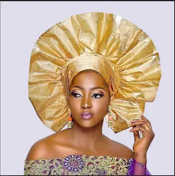 

HQT86 Sego headtie-2020 new big round design African Sego turban cap red blue with Golden color headtie for women party wedding
