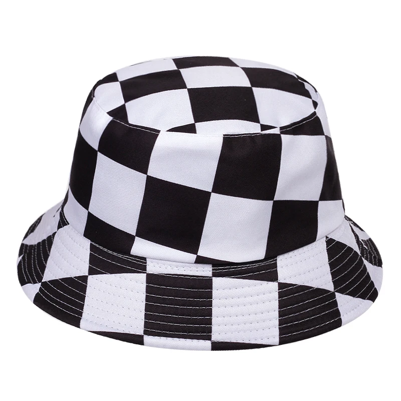 Fashion summer bucket hat Plaid Black White Panama Bucket Hats Foldable Cotton Woman Mens Fishing Hats Hip Hop Bob Unisex Caps