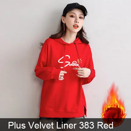 Winter 383 Red Толстовки и кофты Пуловеры Для женщин Осень и Зима Свободная плюс бархатный толстая лайнер Толстовка Печать писем куртка 2 - Цвет: Winter 383 Red
