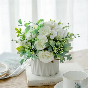 

Peony Artificial Flowers with Pot Ceramic Hemp Rope Vase Rose Fake Flower Set Plant Potted Bouquet Home Garden Wedding Decora