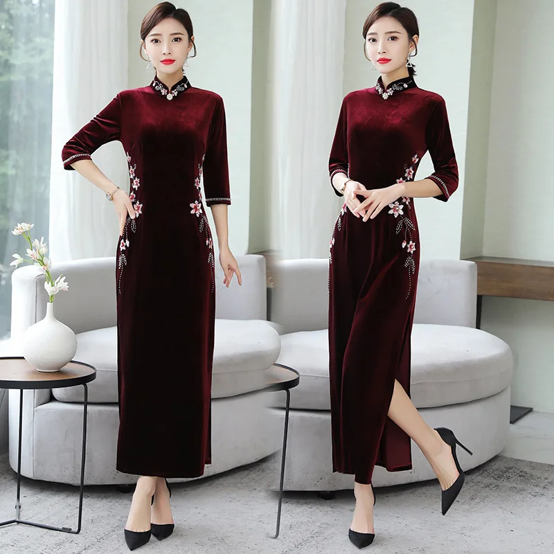 

2020 New Style Spring Improved Cheongsam Velvet Embroidered Slim Dress Women's Lady Elegant Formal Dress Dinner