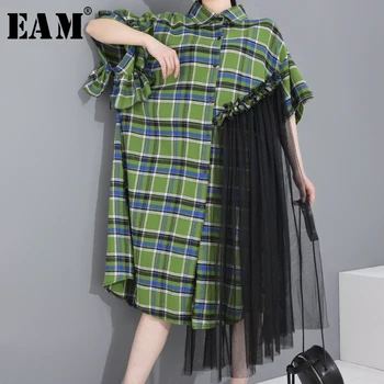 

[EAM] Women Green Plaid Mesh Irregular Big Size Shirt Dress New Lapel Half Sleeve Loose Fit Fashion Spring Summer 2020 1R46706