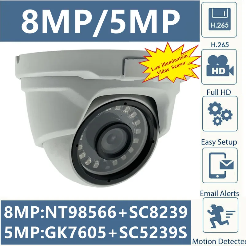 Металлическая потолочная купольная камера 8/5 МП 4K IP NT98566 + SC8239 3840*2160 H.265 IRC Onvif XMEYE