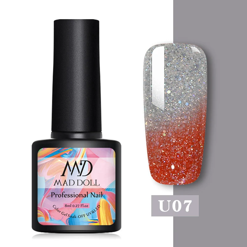 MAD DOLL 8ml Temperature Color Changing Sequins Thermal Gel Nail Polish Soak Off UV Nail Gel Polish Varnish Nail Art Design - Color: U07