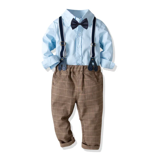 Детская официальная рубашка с длинными рукавами+ штаны с подтяжками+ галстук-бабочка, комплект одежды для маленьких мальчиков 1 год День рождения платье для девочек, костюм для детей, изготовленные на заказ - Цвет: T21
