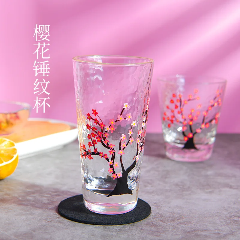 

INS Japanese style Phnom Penh cherry blossom glass hammer pattern water cup home juice cold drink cup lovely girl milk cup