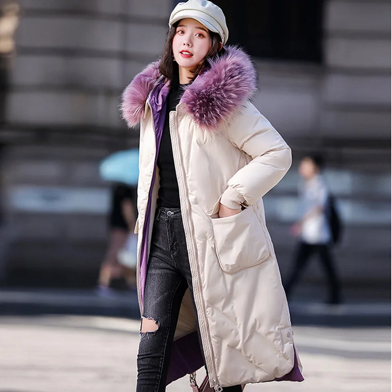 FORERUN Plus Size 5XL Winter Jacket Women Real Fur Hooded X-Long Coat Oversized Casual Parkas Thicken Warm Veste Longue Femme