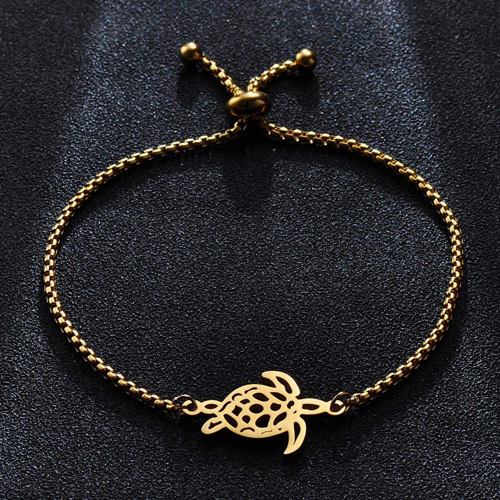 10pcs/lot Stainless Steel Mirror Polish 3 Colors Hollow Turtle Animal Charms Bracelet Adjustable Box Chain Bracelets Jewelry | Украшения и