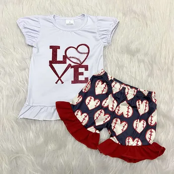 

Valentine day clothes for kid girl clothing ruffle shorts set children Valentine baby clothing set love heart print top pattern