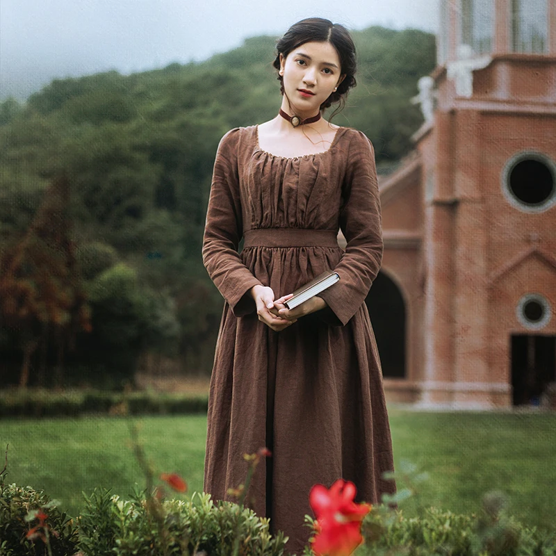 Spring Autumn Women 100%Linen Coffee Long Dress