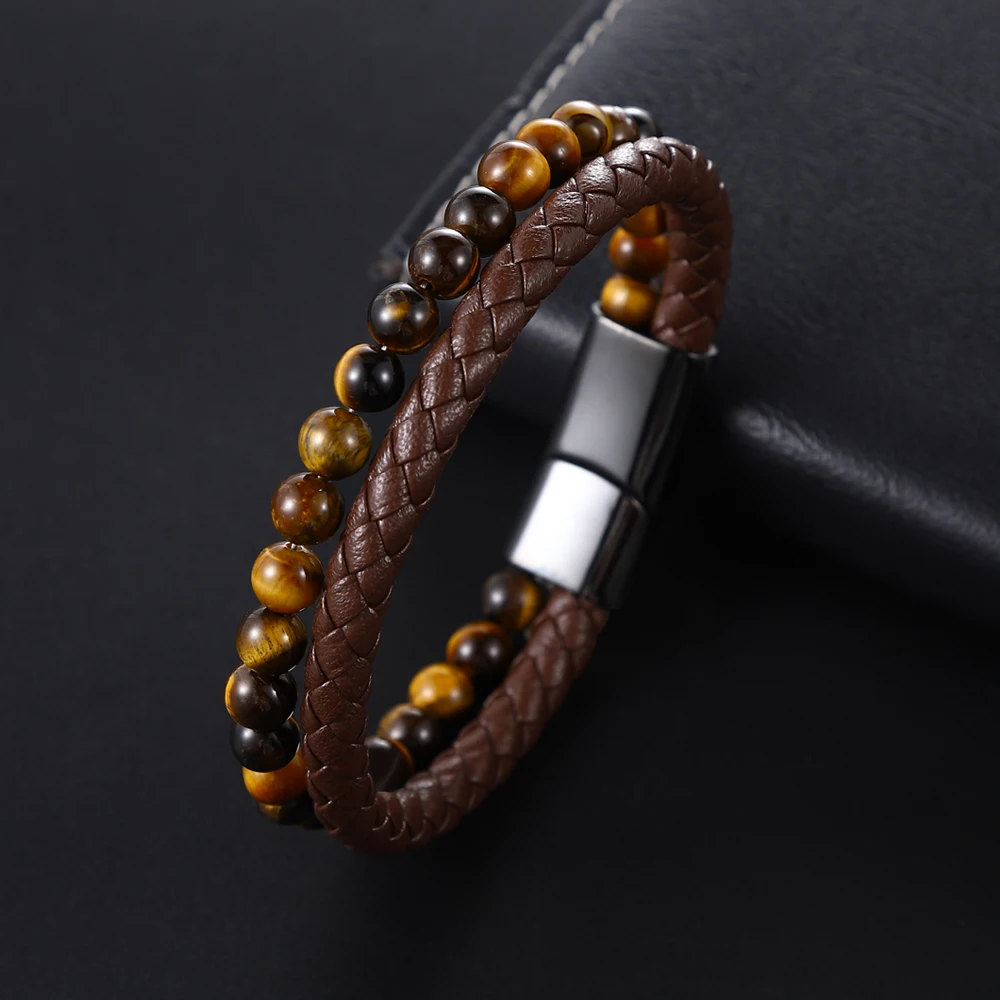 Men Yellow Tiger Eye Bracelet Many Styles Stainless Steel Magnetic Clasp Brown Genuine Leather Wrist Jewelry Handsome Boy Gifts - Image 4
