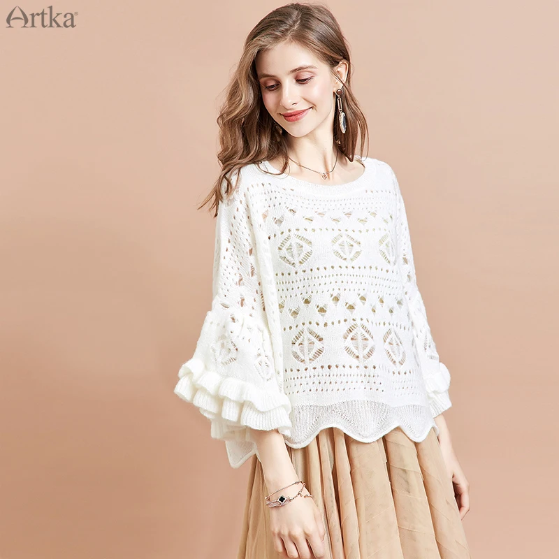

ARTKA 2019 Autumn New Women Sweater Fashion Hollow Mohair Knitted Sweaters Flare Sleeve Pullover Warm Wool Sweater YB10595Q