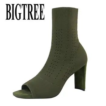 

BIGTREE 2019 New Women Boots Green Elastic Knit Sock Boots Ladies Open Toe High Heels Fashion Kardashian Ankle Boots Women Pumps