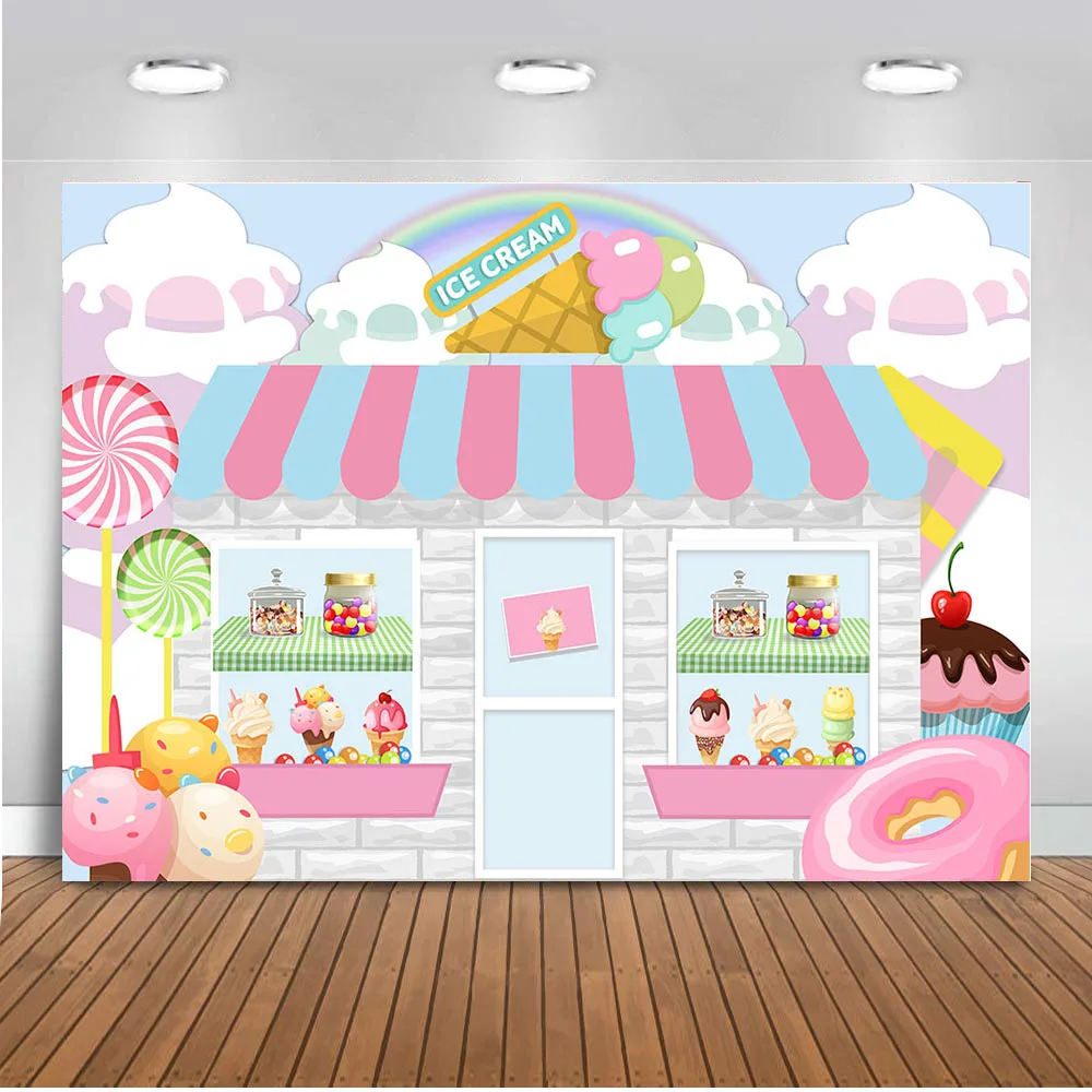 

Candy Bar Ice Cream Parlor Celebration Background Baby Birthday Photography Background Photobooth Banner Cake Table Decorations
