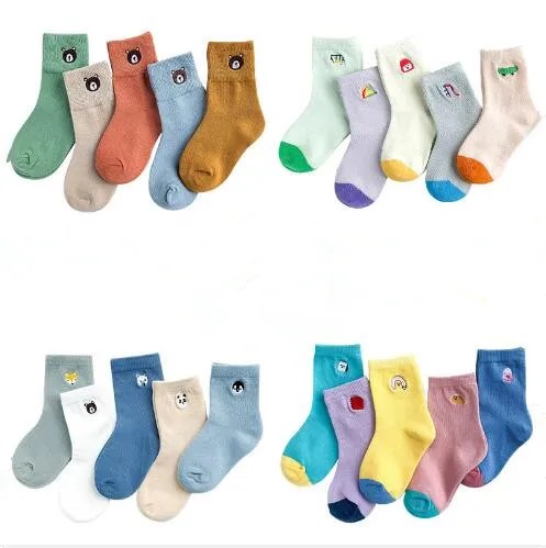 

1-12 Year 5 pairs pack children's socks autumn new embroidery cartoon animal stripe student sport cotton kids boys girls socks