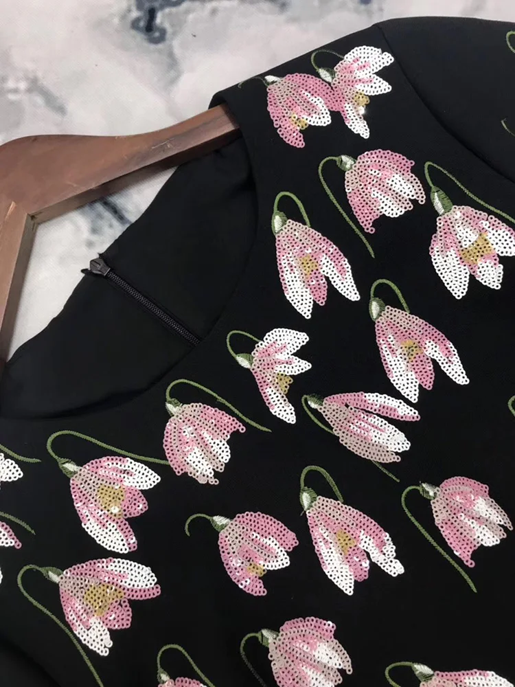 Svoryxiu модное дизайнерское летнее платье с коротким рукавом женские высококачественные черные короткие платья с вышивкой из блесток магнолии